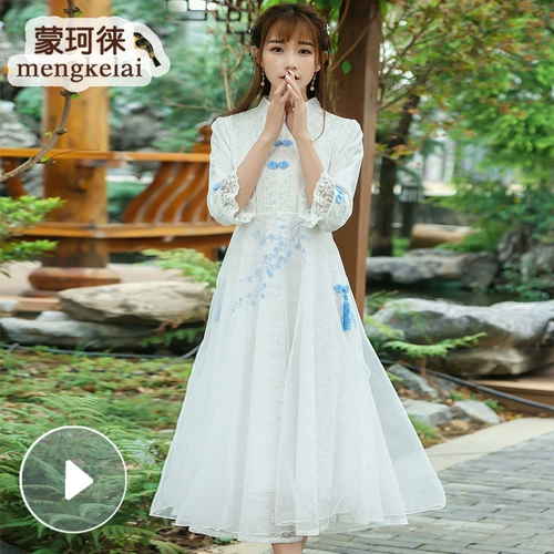 Кружевное ципао, ретро платье, наряд маленькой принцессы, с рукавом