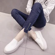 2019 quần jean mới của Hàn Quốc thời trang chia chữ chín quần nữ cạp cao eo thon chân quần