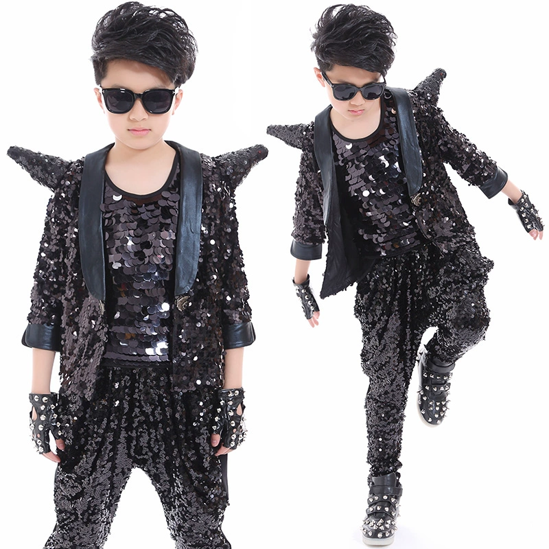 Snare trống hiệu suất trang phục cậu bé ngôi sao hợp xướng phù hợp với áo khoác sequin đen nhún vai trình diễn thời trang - Trang phục