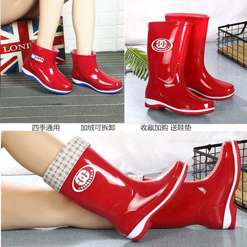 Giày đi mưa nữ ống đi mưa cho người lớn thời trang giày ống ngắn không thấm nước Hàn Quốc cộng với nhung ấm cao dài ống cao su làm việc
