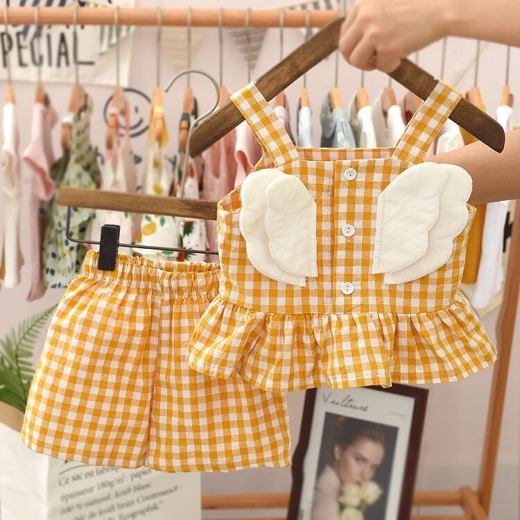 Yellow (Small Wings)Children's wear 2021 summer new pattern children lattice suit girl baby Foreign style wing Halter tops shorts Two piece set