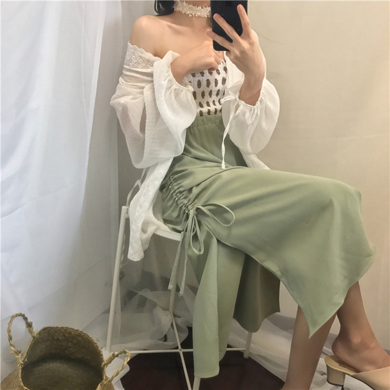 Hàn quốc phiên bản của các pleated sóng điểm sling + Dây Kéo chia váy + Đèn Lồng tay áo dài cardigan kem chống nắng áo sơ mi phù hợp với phụ nữ