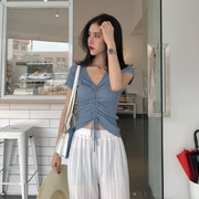 Chic Hàn Quốc thời trang phù hợp với V-cổ dây kéo dây đeo ngắn tay áo sơ mi Mỏng + lưới chùm feet slim harem quần phụ nữ