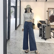 Hồng Kông hương vị chic gió side zipper cao eo quần chân rộng của phụ nữ hoang dã retro quần chân dài jeans triều