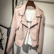 2018 Châu Âu ga mới màu hồng đầu máy quần áo da nhỏ nữ ngắn phần Slim Hained pu áo khoác da là áo khoác mỏng thủy triều - Quần áo da