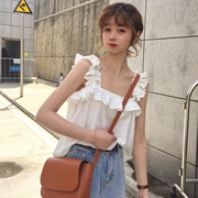 Thời trang nhỏ tươi xù không tay sling nữ đơn giản màu rắn nấm vai vai băng thông lỏng mỏng vest top