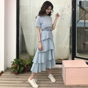 Hàn Quốc phiên bản của tính khí vòng cổ ngắn tay bánh váy váy thời trang hoang dã màu rắn vòng cổ tie eo một từ váy thủy triều
