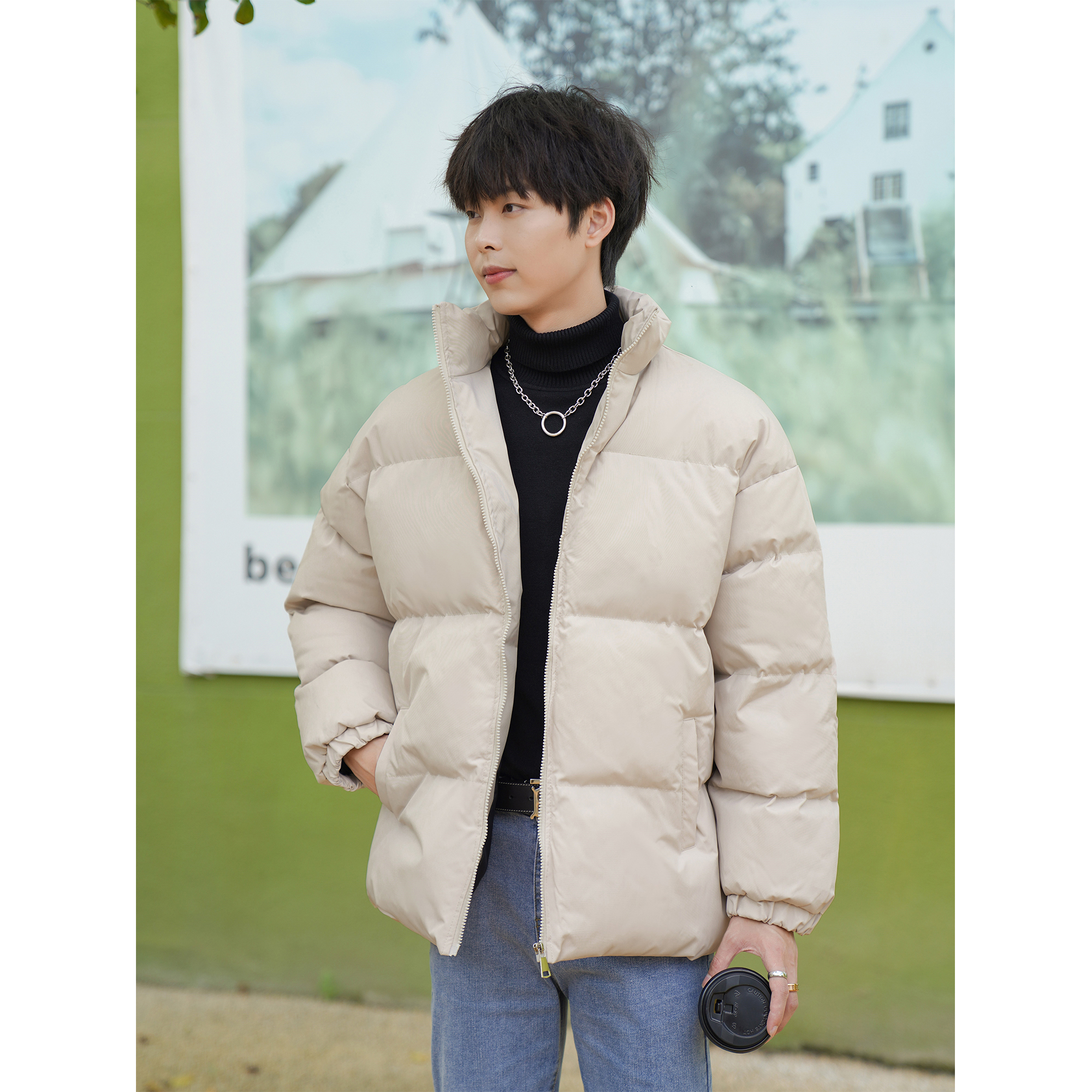 流行白色棉衣男潮牌青年保暖棉服外套2023冬季新款男士帅气小棉袄-Taobao