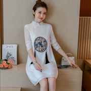 2018 mùa thu retro phong cách quốc gia Trung Quốc phụ nữ thêu hoa lỏng một chiếc váy dài tay cải tiến váy sườn xám