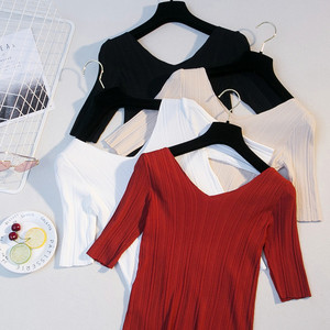 Harajuku phong cách chic bị rò rỉ trở lại máy cẩn thận V-Cổ mở lại tay áo mỏng T-Shirt tight-fitting ice lụa áo len áo sơ mi nữ