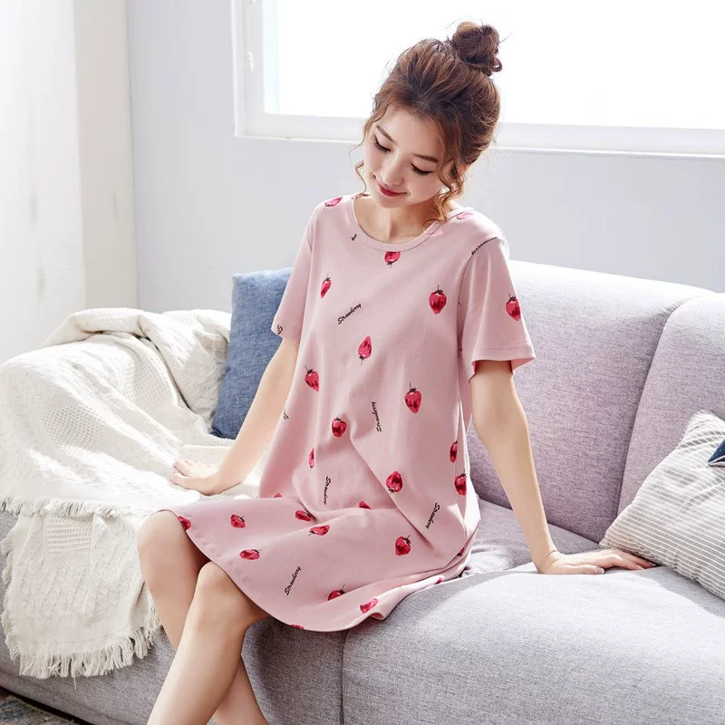 Váy cotton ngắn tay giữa đêm dài mùa hè cô dâu dâu tây Hàn Quốc tươi tắn Bộ đồ ngủ rộng có thể mặc bên ngoài quần áo - Đêm đầm