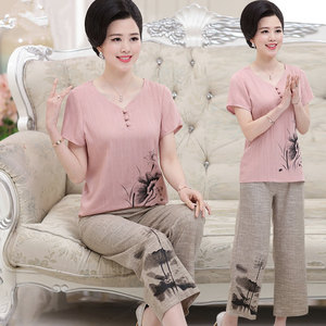 2018 mẹ mới phụ nữ trung niên nạp linen cotton 40 tuổi 50 mùa hè ăn mặc trung niên quần áo thể thao phù hợp với