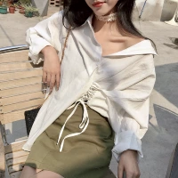 Mùa xuân Hàn Quốc tính khí sang trọng đơn ngực bên thiết kế dây đeo lỏng thanh lịch màu rắn dài tay áo sơ mi nữ bên ngoài mất sơ mi họa tiết dài tay nữ