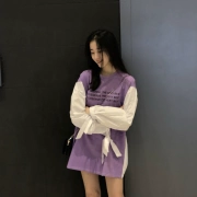 Hàn quốc phiên bản của các trường đại học gió khâu màu sắc tương phản băng dài tay áo thun áo len thời trang thư in lỏng áo sơ mi giản dị phụ nữ