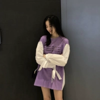 Hàn quốc phiên bản của các trường đại học gió khâu màu sắc tương phản băng dài tay áo thun áo len thời trang thư in lỏng áo sơ mi giản dị phụ nữ áo khoác nữ cá tính