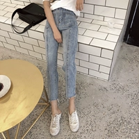 2018 Hàn Quốc phiên bản của nước rửa trắng túi phía trước quần chân cao eo thẳng quần chín điểm jeans nữ mùa xuân thời trang nữ