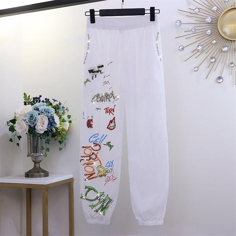 White2021 autumn new pattern heavy industry Inlaid diamond Sports pants Leggings High waist Nail bead sweatpants  printing Copper ammonia wire Casual pants