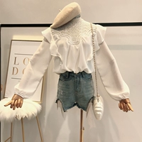 Ren khâu rỗng vòng cổ dài tay áo thun voan nữ đầu mùa thu mới Hàn Quốc phiên bản của sang trọng lá sen bên áo thun thủy triều áo sơ mi xám