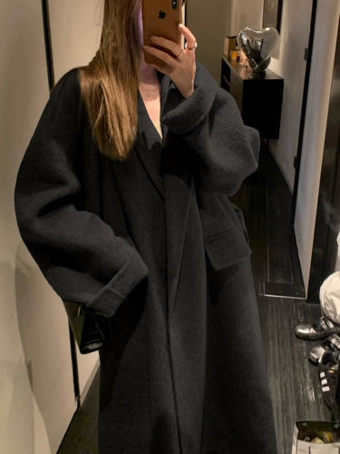 Стеганый длинный черный демисезонный ремень, шерстяное пальто, коллекция 2023, увеличенная толщина, средней длины, крой