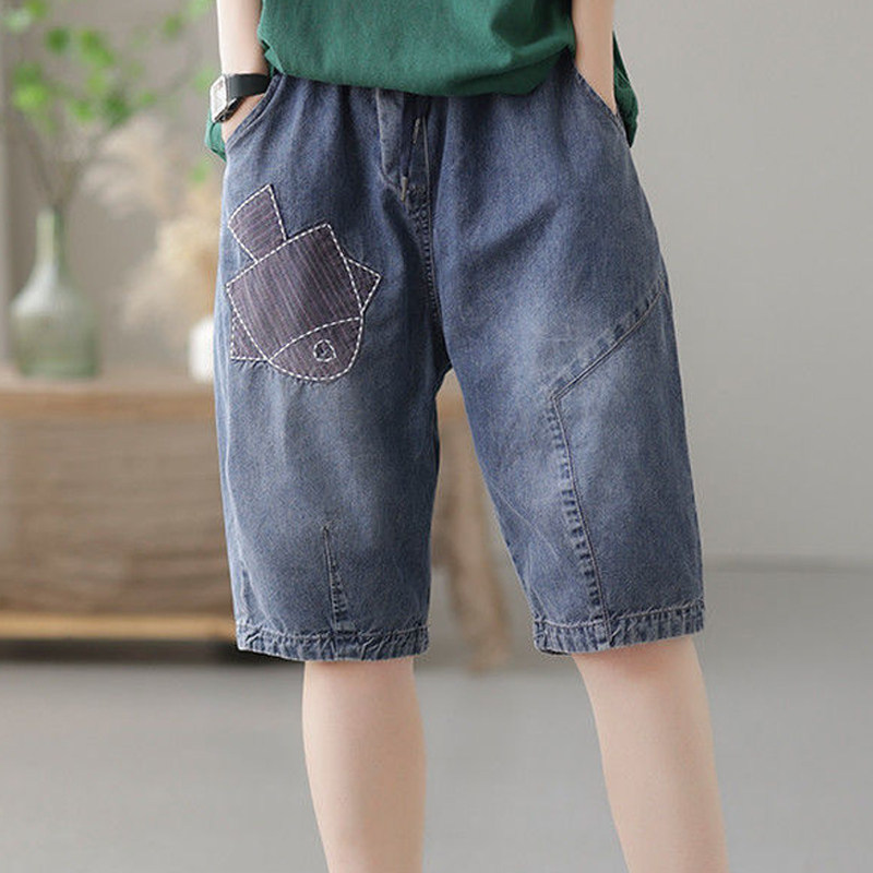 Stretched-waist embroidered Halon jeans for women's summer, thin style, 2022, 5-point casual loose, retro straight-leg midpants