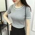 2018 mùa hè mới vòng cổ màu sọc đan áo sơ mi hàng đầu Hàn Quốc phiên bản của sinh viên hoang dã ngắn tay phụ nữ áo len áo len nữ form rộng Vòng cổ áo len