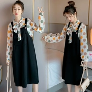 Trang phục bà bầu 2019 mùa thu mới phiên bản Hàn Quốc của áo dài tay chấm bi rộng tay áo dây váy mẹ mùa xuân và mẫu mùa thu hai mảnh - Áo thai sản