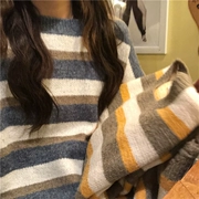 2018 phiên bản hàn quốc mùa thu chic lười biếng thả lỏng cổ tròn tay dài màu tương phản sọc đan áo len nữ quần áo