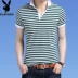 Playboy Summer Men Áo thun ngắn tay nam Lapel Stripe Nửa tay áo Hàn Quốc Slim Top Polo Áo sơ mi - Polo áo thun polo Polo