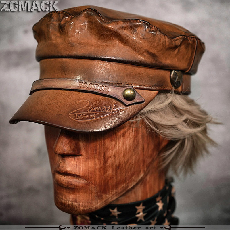 Hand Re Color Aging & Hat Brim With LogoLeather Hat Men service cap Amekaji genuine leather locomotive Hat male Sheepskin navy Ins wind Retro solar system male tide