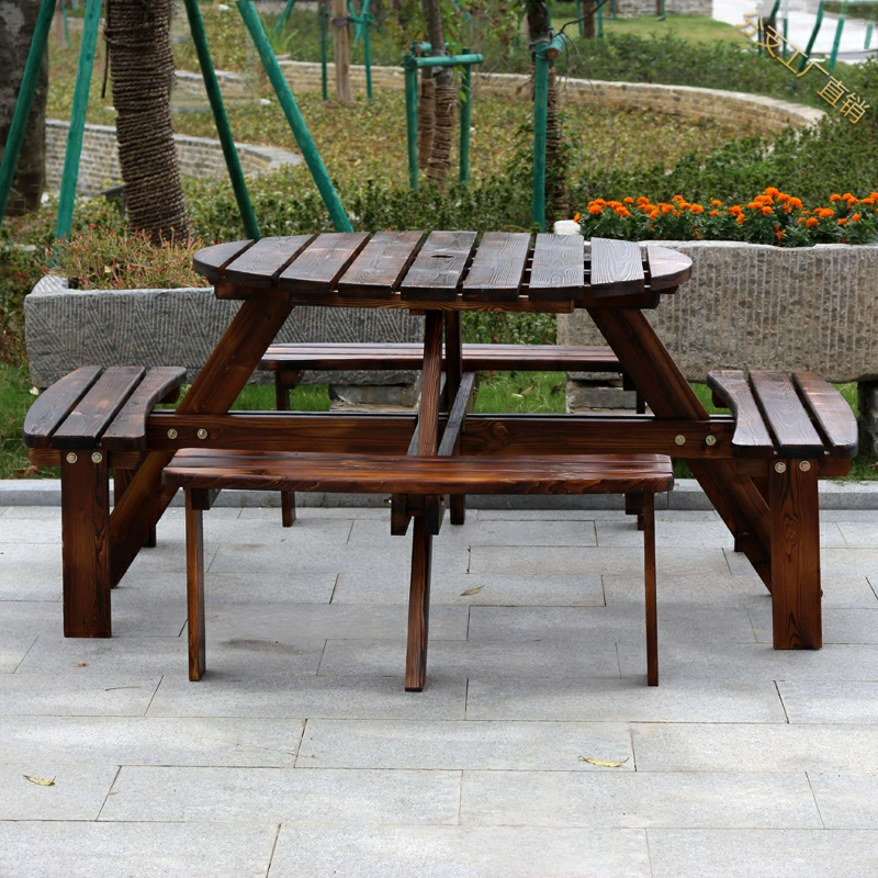 Bàn ghế tròn một mảnh bằng gỗ cacbon hóa ban công ngoài trời Bàn ghế sân vườn Đồ nội thất bằng gỗ một chiếc bàn kết hợp - Bàn ghế ngoài trời / sân