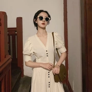 Đầm xòe nữ Hàn Quốc 2019 mới hè hè V-cổ nhỏ nước hoa phong cách khí chất eo eo thon - Sản phẩm HOT