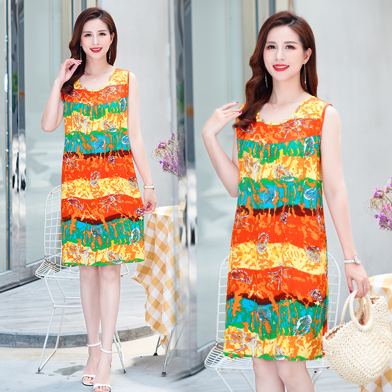 [Color Of Picture 3]poplin  Dress mom summer wear Nightdress Medium and long term Big size Fat mm easy robe Middle aged and elderly leisure wear vest
