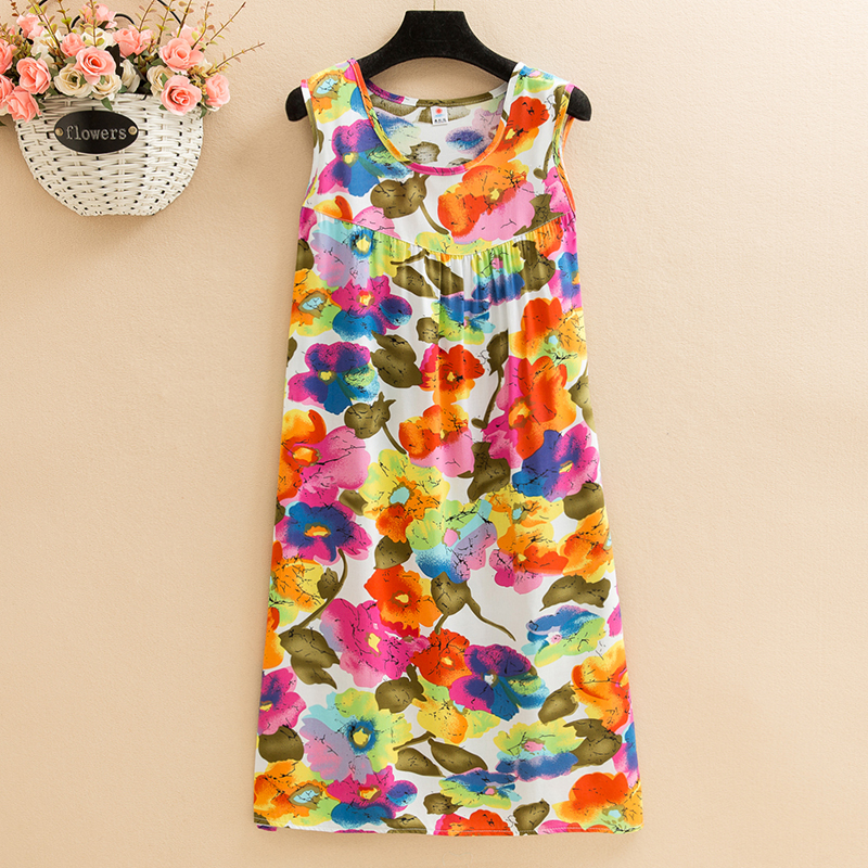 Yellowpoplin  Dress mom summer wear Nightdress Medium and long term Big size Fat mm easy robe Middle aged and elderly leisure wear vest