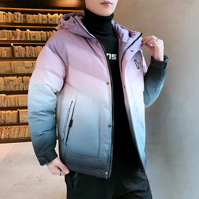 Áo khoác cotton nam 2019 mùa đông phiên bản mới của Hàn Quốc theo xu hướng áo khoác cotton dày rộng trùm đầu xuống áo khoác cotton màu gradient - Trang phục Couple