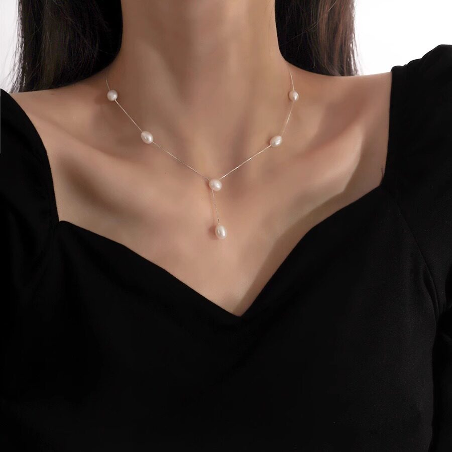 Collar de perlas francés en plata de ley elegante con borlas_voghion.com