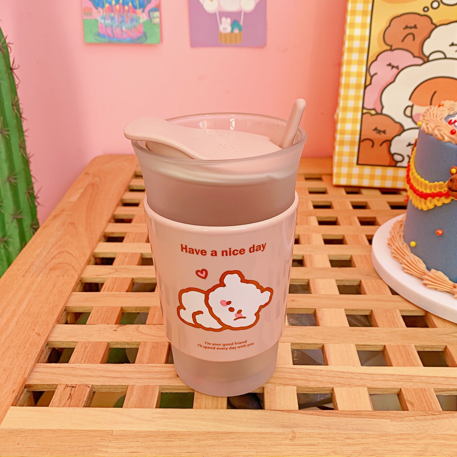 Cute Bear GlassHan ins originality straw Plastic like a breath of fresh air lovely With lid spoon drink water glass lovers girl household Simplicity