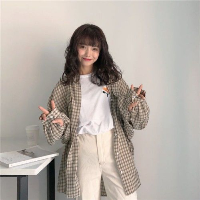 KhakiSuperfire shirt schoolgirl Korean version easy Versatile Harajuku bf Long sleeve lattice jacket loose coat thin