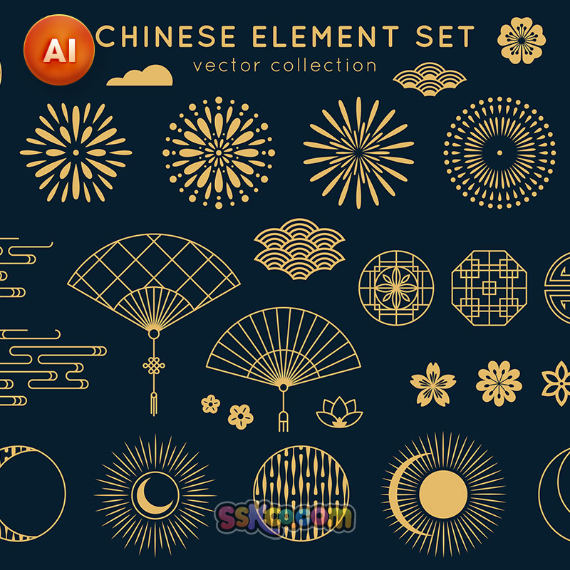 中国风新年祥云折扇灯笼国潮元素花纹图案AI矢量设计素材源文件