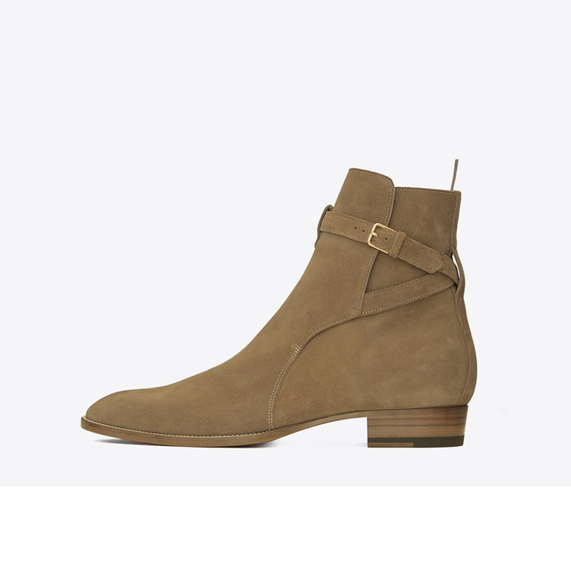 KhakiChelsea boots male Short boots Deer skin Buckles Chelsea Boots genuine leather Britain Gao Bang cowboy Martin boots tide