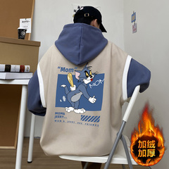 Hong Kong Style ins cartoon fake two piece Plush sweater men's large and loose student versatile Pullover fashion autumn Hoodie