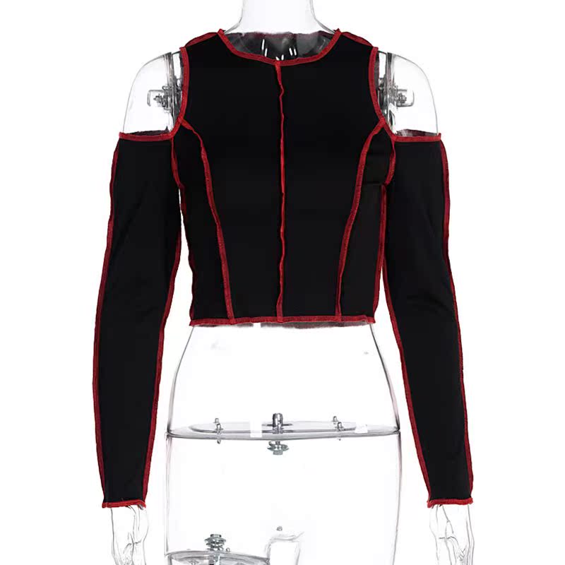 BlackRetro Splicing personality Long sleeve High waist T-shirt female jacket