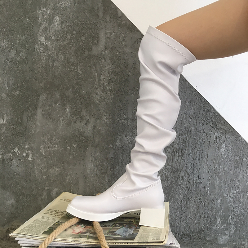 WhiteBoots female 2020 Autumn and winter new pattern Thick heel Below the knee Medium high cylinder Internet celebrity Thin boots fold high-heeled Elastic boots female