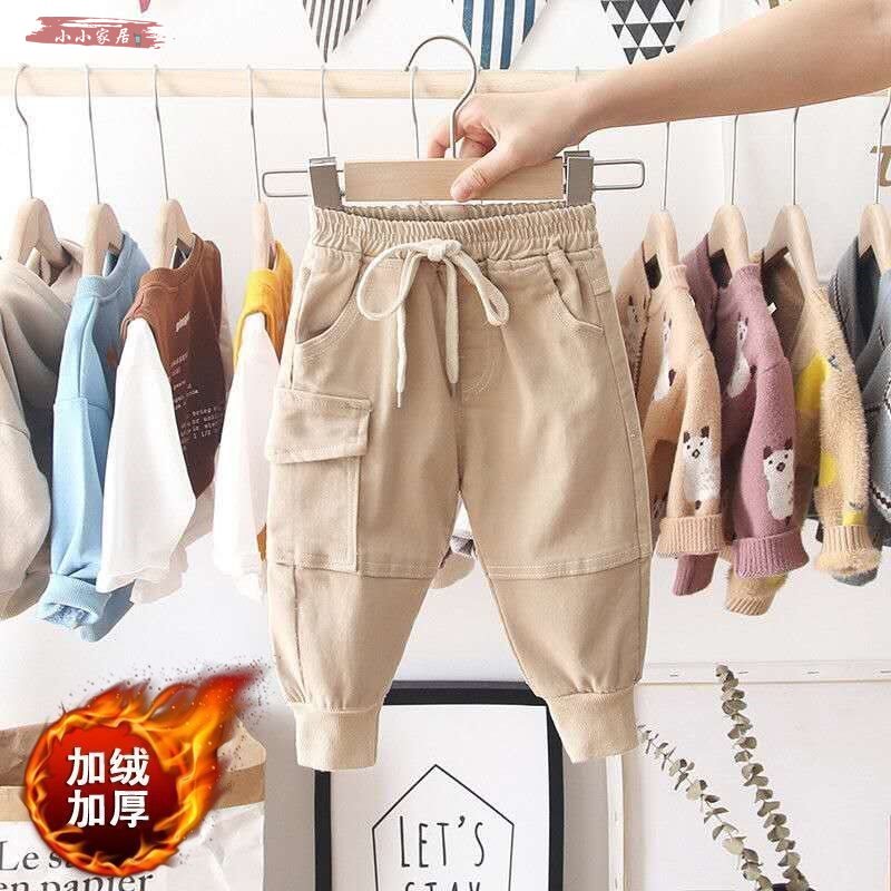 Khaki VelvetBoy Plush trousers Spring  new pattern children Children winter clothes Korean version girl baby thickening work clothes trousers tide