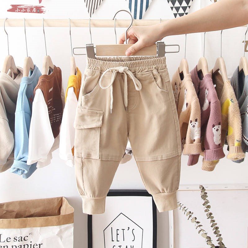 Khaki [Spring And Autumn]Boy Plush trousers Spring  new pattern children Children winter clothes Korean version girl baby thickening work clothes trousers tide