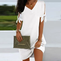 Women's Solid Neck Short Sleeve Dress Summer White Mid lengt