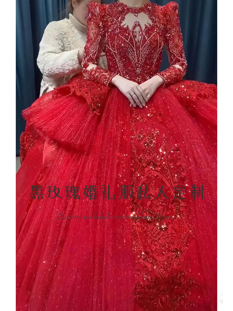 2023 new bride red heavy worker princess dignified elegant temperament luxury long trailer puff skirt main wedding dress