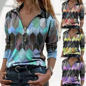 Slim Fit Collar женский топ для печати футболка на молнии Long Sl Sl