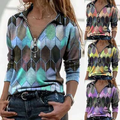 Slim Fit Collar женский топ для печати футболка на молнии Long Sl Sl