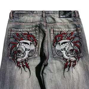 [Gothic black metal pocket skull embroidered mid-rise washed]
