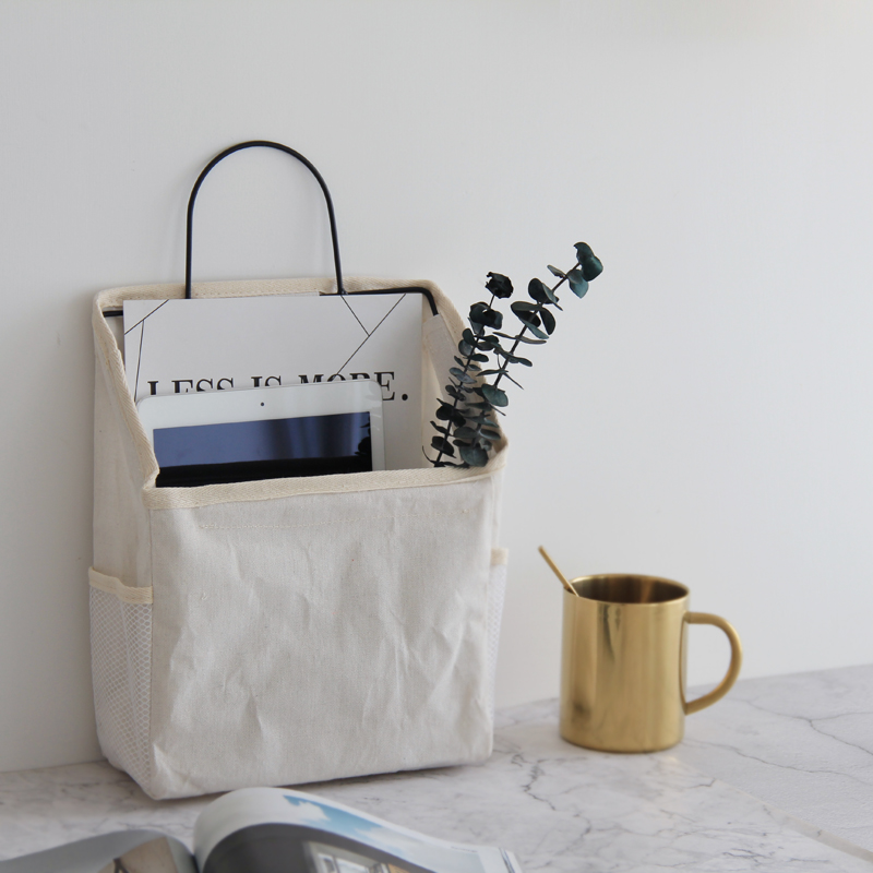White Upgrade (Free Hook)ins wall Hanging type Storage bag dormitory wall Bedside household Large Hanging bag Simplicity canvas book Storage bag